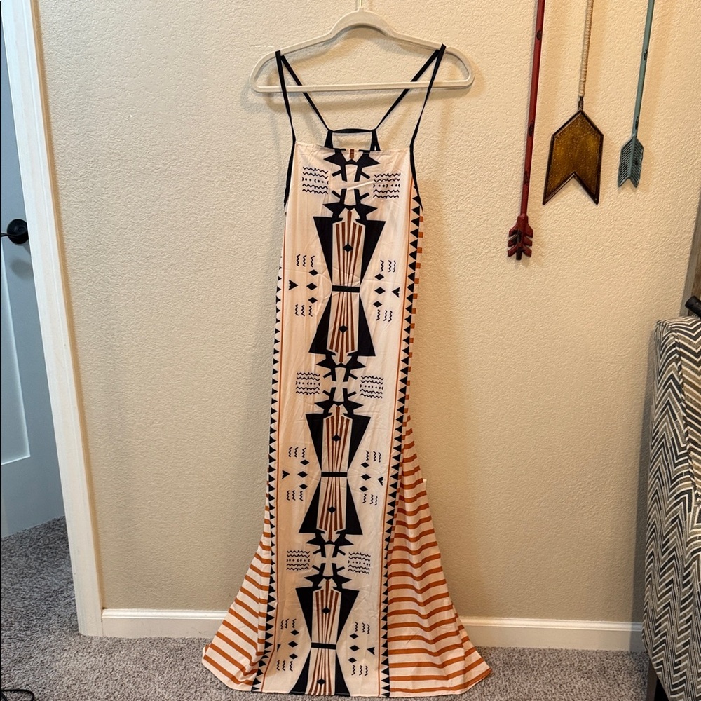 Geometric Patterned Maxi Dress - Black and Orange